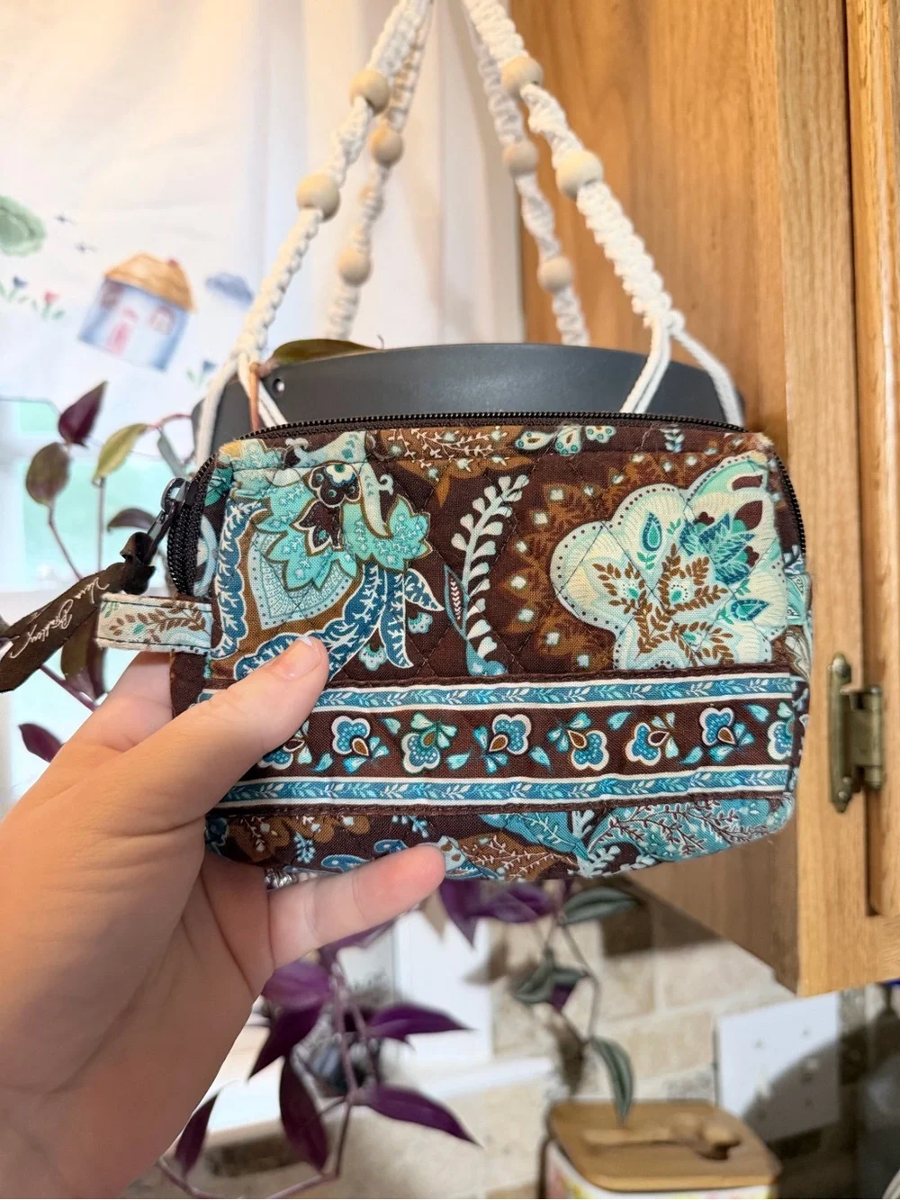 Vera Bradley Quilted Floral Zip Wristlet Cosmetic Pouch in Java BlueBrown & Teal